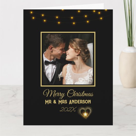 Modern Elegant Black and Gold Mr and Mrs Christmas カード (正面)