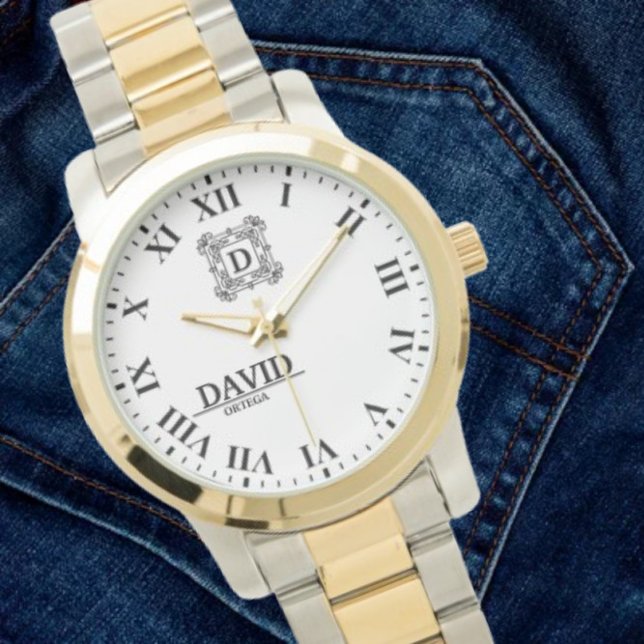 Modern Elegant Black and White Custom Name 腕時計 (クリエイターアップロード済み)