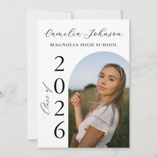 Modern Elegant Black Bow Arch Photo Graduation 招待状 (正面)