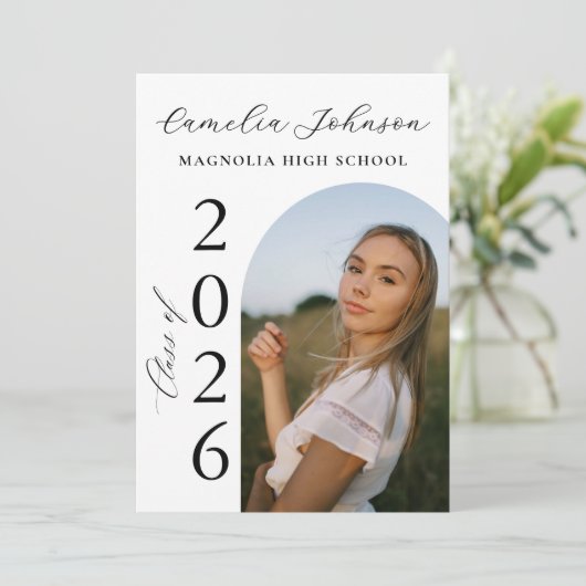 Modern Elegant Black Bow Arch Photo Graduation 招待状 (スタンド正面)