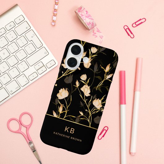 Modern Elegant Black Gold Floral Pattern Case-Mate iPhoneケース