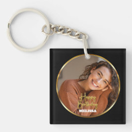 Modern Elegant Black & Gold Photo Name Birthday キーホルダー