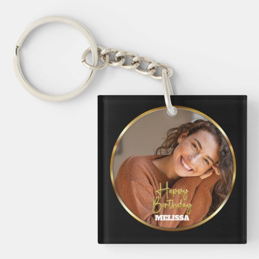 Modern Elegant Black & Gold Photo Name Birthday キーホルダー (正面)