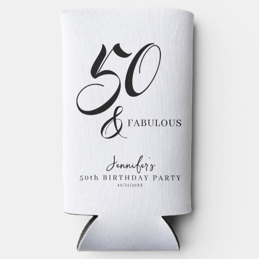 Modern Elegant Black White Fifty Fabulous Birthday スリム缶クーラー (正面)