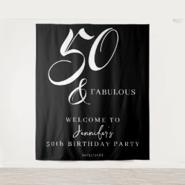 Modern Elegant Black White Fifty Fabulous Birthday タペストリー