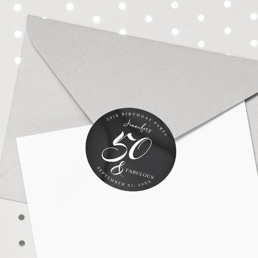 Modern Elegant Black White Fifty Fabulous Birthday ラウンドシール