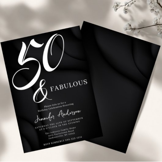 Modern Elegant Black White Fifty Fabulous Birthday 招待状