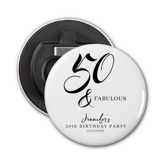 Modern Elegant Black White Fifty Fabulous Birthday 栓抜き (正面)