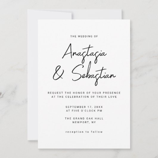 Modern Elegant Black & White Script Photo Wedding 招待状 (正面)