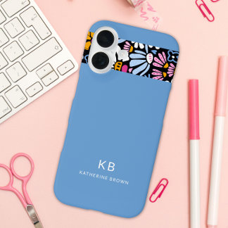 Modern Elegant Blue Black Floral Pattern  iPhone 16ケース