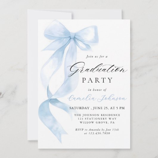 Modern Elegant Blue Bow Arch Photo Graduation 招待状 (裏面)