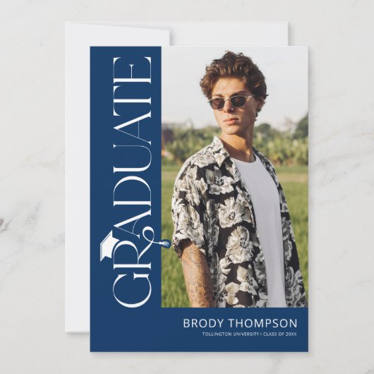 Modern Elegant Blue & White 3 Photo Graduation 招待状 (正面)