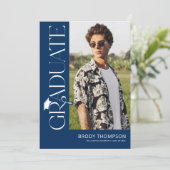 Modern Elegant Blue & White 3 Photo Graduation 招待状 (スタンド正面)