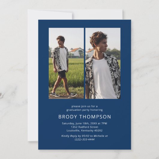 Modern Elegant Blue & White 3 Photo Graduation 招待状 (裏面)