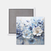 Modern Elegant Blue White Botanical Floral マグネット (正面/裏面)