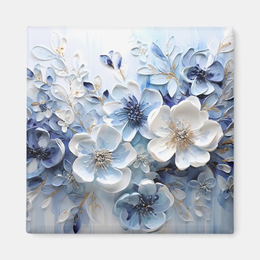 Modern Elegant Blue White Botanical Floral マグネット (正面)