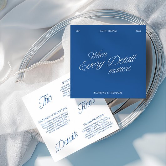 Modern Elegant Blue & White Wedding Details Card 招待状