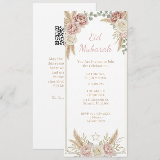 Modern Elegant Boho Floral Eid Mubarak Digital 招待状 (正面/裏面)