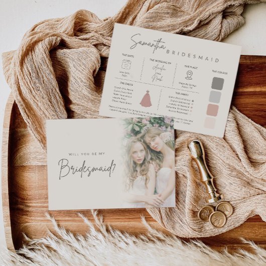 Modern Elegant Bridesmaid Photo Information Card 招待状