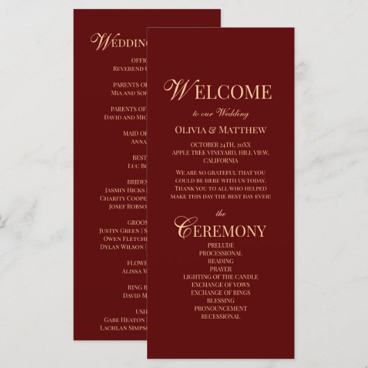 Modern Elegant Burgundy Wedding Program (正面/裏面)