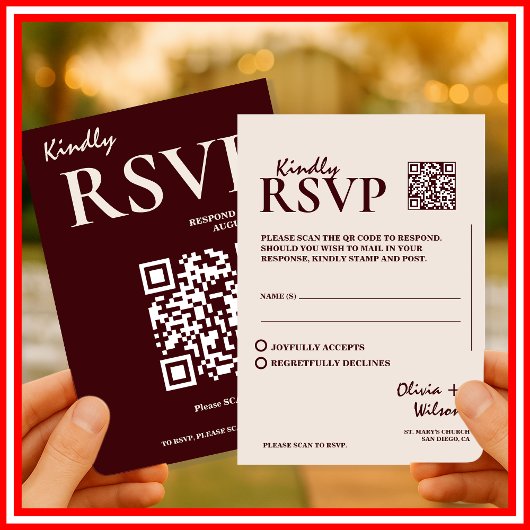Modern Elegant Burgundy Wedding QR CODE RSVP エンクロージャーカード