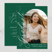 Modern Elegant Calligraphy Green Photo Graduation 招待状 (正面/裏面)