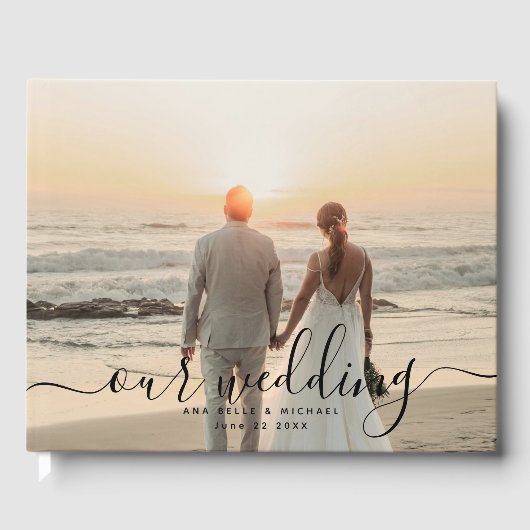 Modern Elegant Chic Handwritten Photo Wedding ゲストブック (正面)
