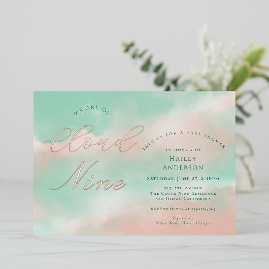 Modern Elegant Cloud Nine Baby Shower 箔招待状 (立ち正面)