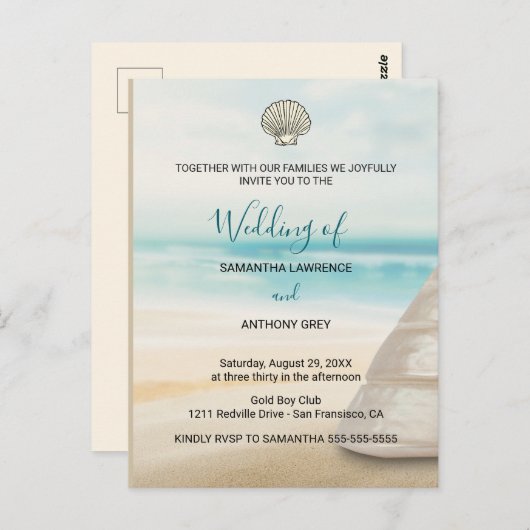 Modern Elegant Coastal Wedding Invitation ポストカード (正面/裏面)
