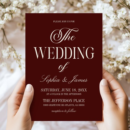 Modern Elegant Dark Burgundy Ivory Wedding 招待状