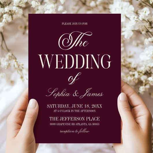 Modern Elegant Dark Wine Purple Ivory Wedding 招待状