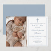 Modern Elegant Dusty Blue Photo Baptism 招待状 (正面/裏面)