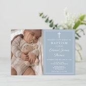 Modern Elegant Dusty Blue Photo Baptism 招待状 (スタンド正面)