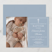 Modern Elegant Dusty Blue Photo Baptism 招待状 (正面/裏面)