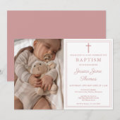 Modern Elegant Dusty Rose Pink Photo Baptism 招待状 (正面/裏面)