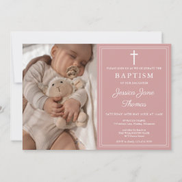 Modern Elegant Dusty Rose Pink Photo Baptism 招待状