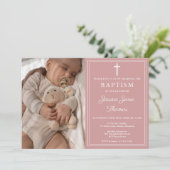 Modern Elegant Dusty Rose Pink Photo Baptism 招待状 (スタンド正面)