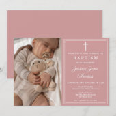 Modern Elegant Dusty Rose Pink Photo Baptism 招待状 (正面/裏面)