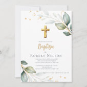 Modern Elegant Eucalyptus Gold Baptism Christening 招待状 (正面)
