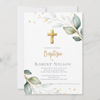 Modern Elegant Eucalyptus Gold Baptism Christening 招待状
