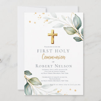 Modern Elegant Eucalyptus Gold First Communion  招待状