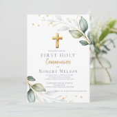 Modern Elegant Eucalyptus Gold First Communion  招待状 (スタンド正面)