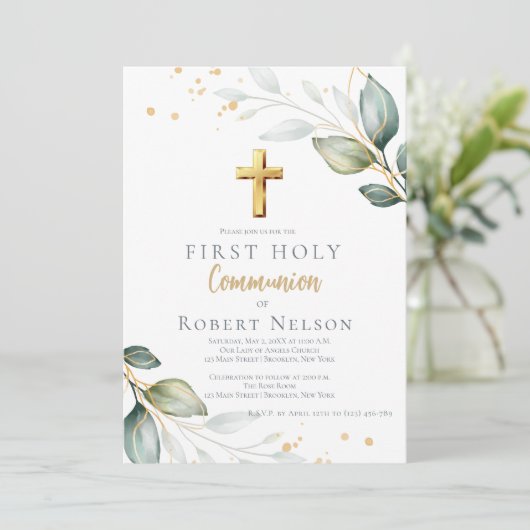 Modern Elegant Eucalyptus Gold First Communion 招待状 (スタンド正面)