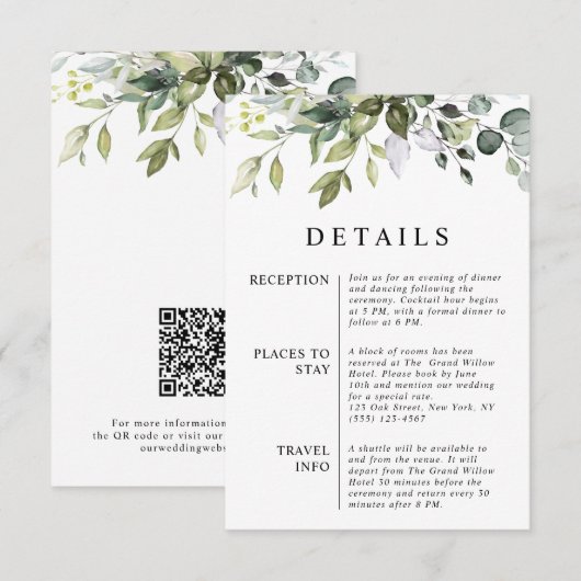 Modern Elegant Eucalyptus Leaves QR Code Wedding エンクロージャーカード (正面/裏面)