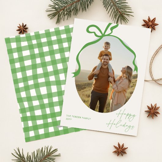 Modern Elegant Family Photo Green Bow Christmas シーズンカード