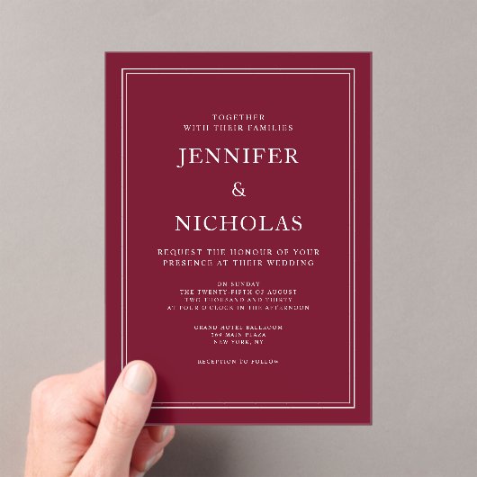 Modern Elegant Formal Burgundy Red Wedding アクリル招待状 (インサイチュ (ポータブル))