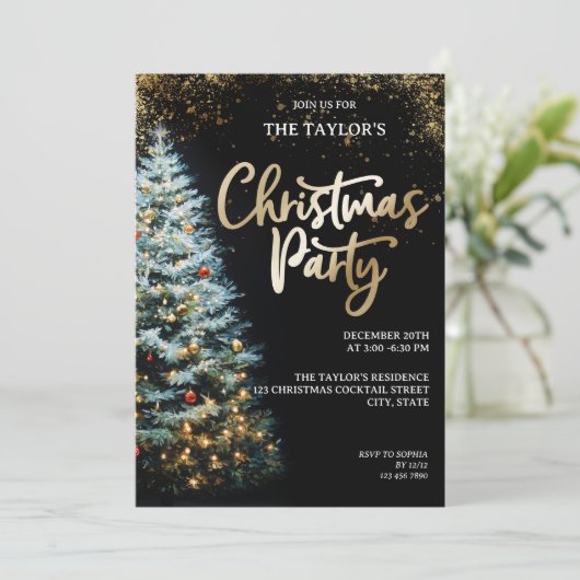 Modern Elegant Glitter Christmas Tree Party 招待状 (スタンド正面)