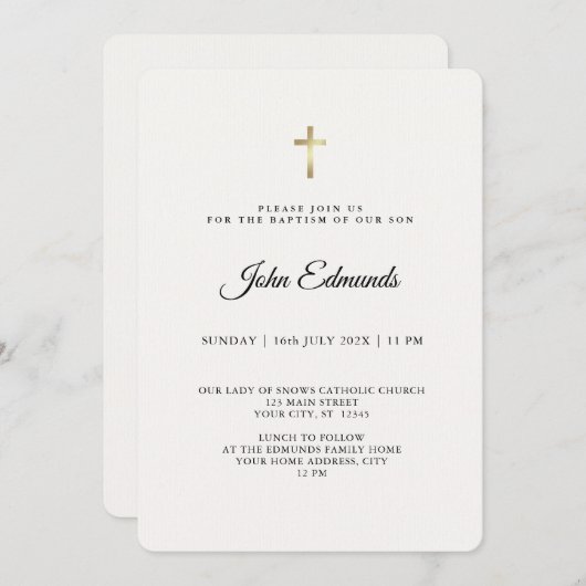 Modern Elegant Gold & Black Calligraphy Baptism  招待状 (正面/裏面)