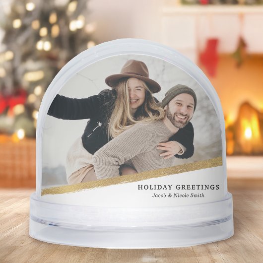 Modern Elegant Gold Brushstroke Photo Snow Globe