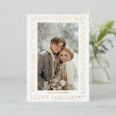 Modern Elegant Gold Christmas Words Photo 箔シーズンカード (立ち正面)
